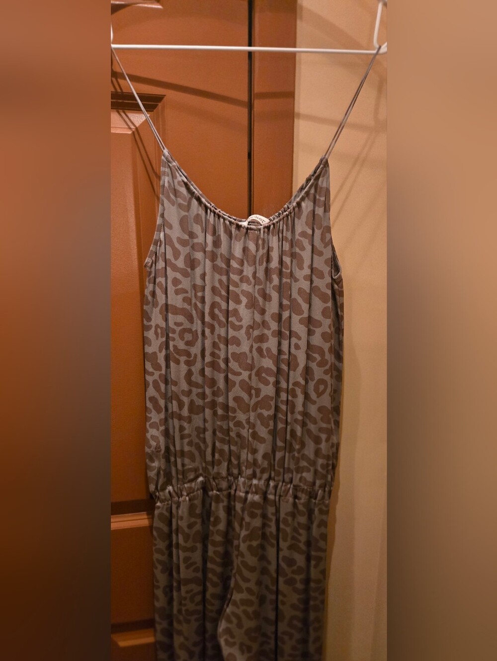 Flowy Spaghetti Strap Animal Print Jumpsuit in Taupe/Brown